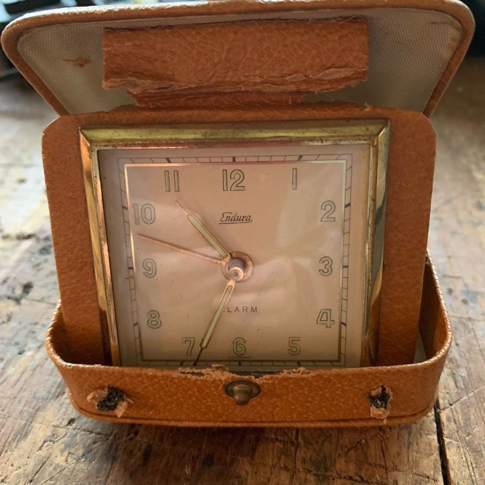 Vintage Endura German Folding Leather Luggage Travel Clock-Not Working